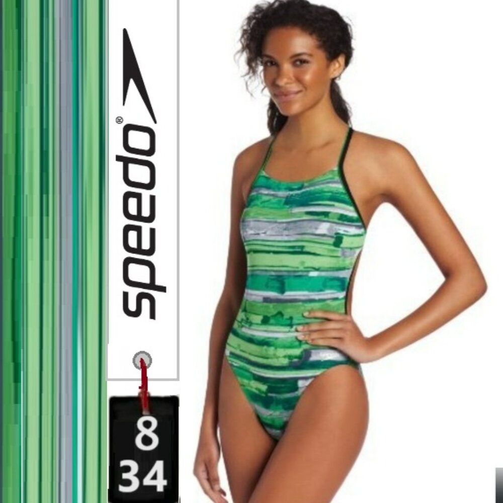 Speedo one piece, green, size 8 34, criss cross back